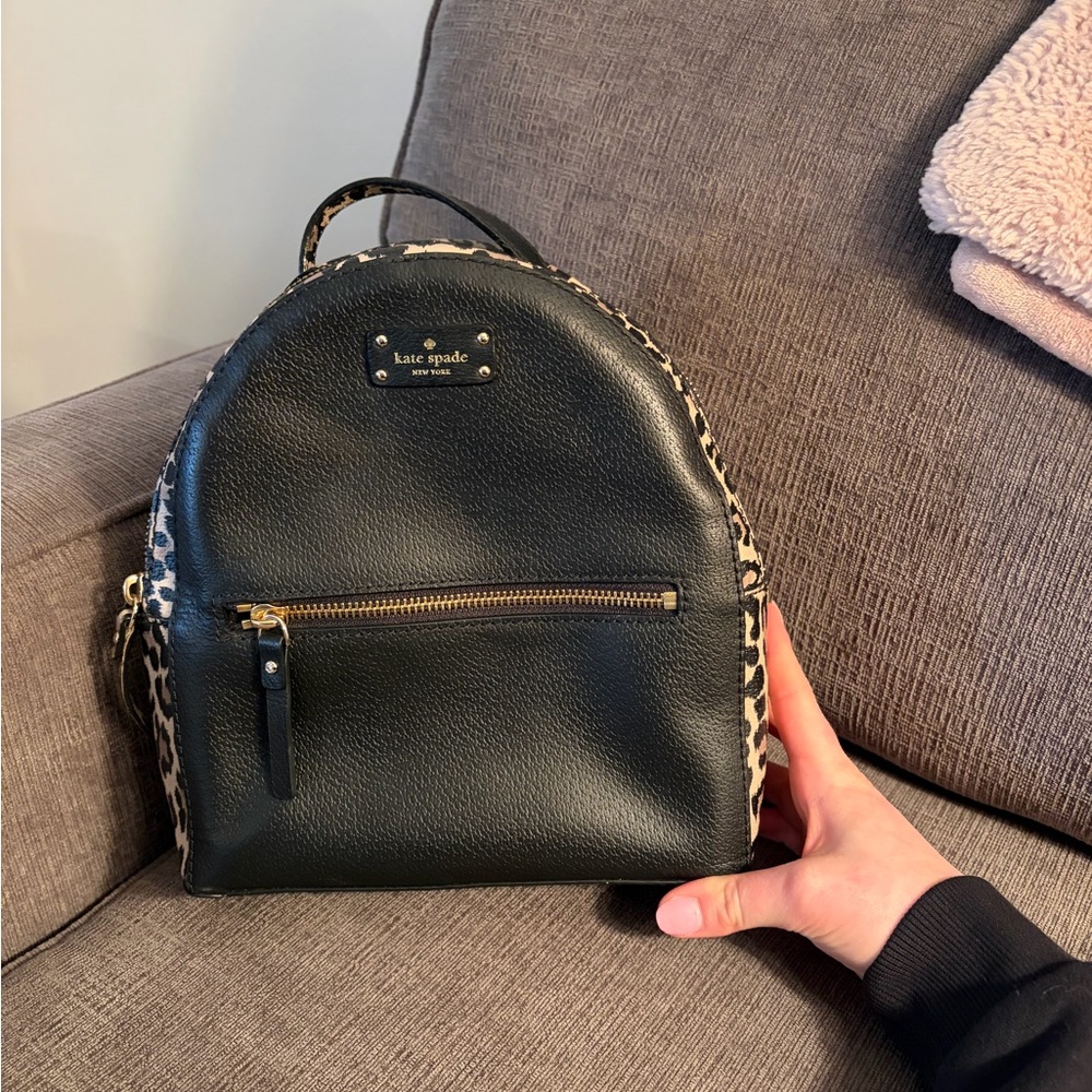kate spade Black Leather Backpack with Leopard Print Trim